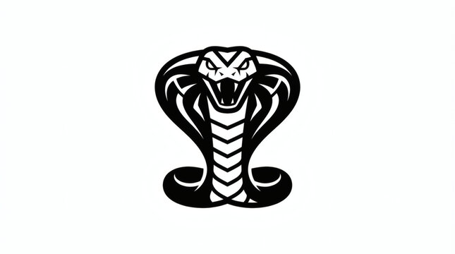 Stylized black and white cobra serpent logo design showcasing a powerful and dangerous reptile in an aggressive striking pose, perfect for branding and strong visual identity