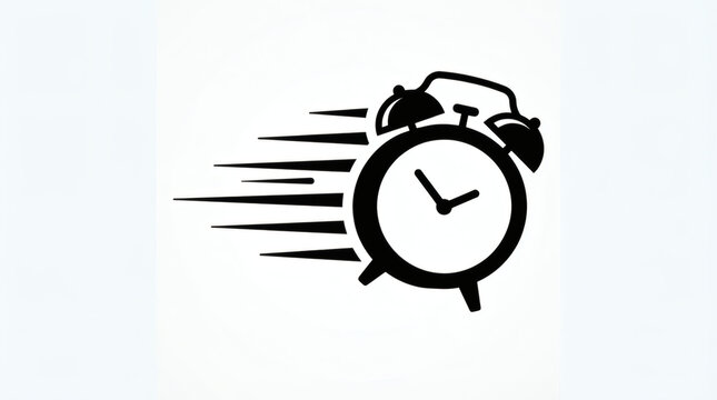 Minimalist Black Alarm Clock Icon with Dynamic Speed Motion Lines Representing Fast Delivery and Time Efficiency