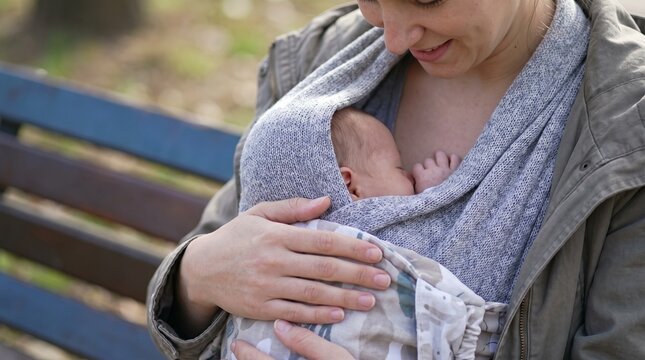 Lactation. Mother breastfeeding her newborn in a soft baby carrier while sitting outdoors, showing discreet public nursing, babywearing and maternal bonding