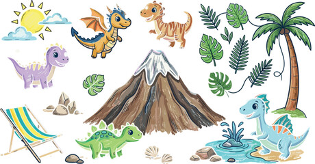 Cute Prehistoric Dinosaur and Baby Dragon Vector Clipart Set with Volcano Palm Tree Tropical Leaves Sun and Beach Elements for Kids Designs © Prodip