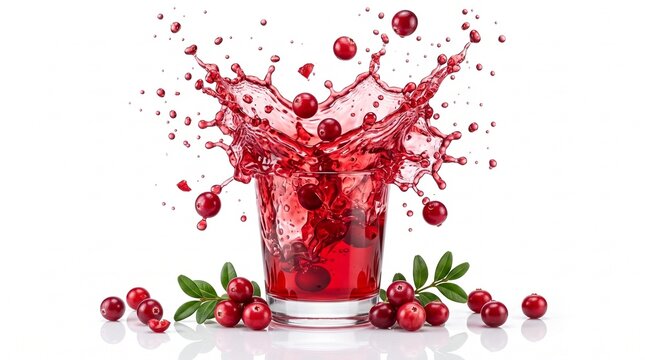 Cranberry Juice Splash in Glass with Fresh Berries on White Background