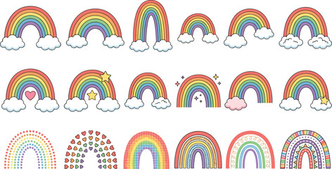 Cute rainbow vector illustration bundle featuring colorful arch designs clouds hearts stars boho elements and nursery decor patterns © Prodip