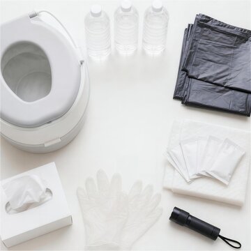 非常用トイレと懐中電灯を並べた防災用品セット