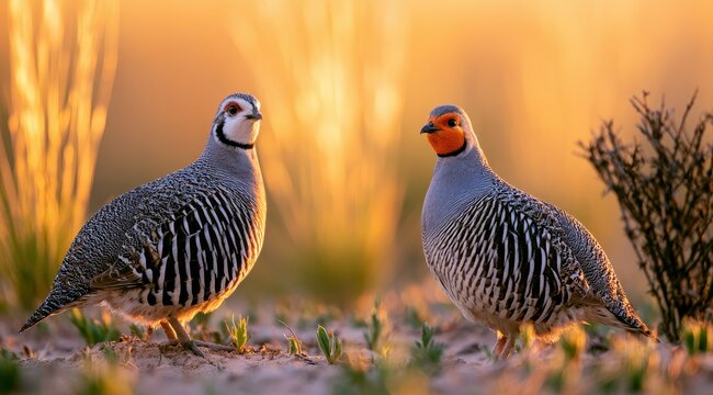 Two colorful francolin birds standing together in  natural grassland at sunrise