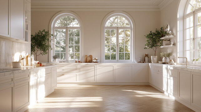 Luxury white kitchen with marble countertops, designer interior, large windows, soft morning light, premium home, elegant architecture