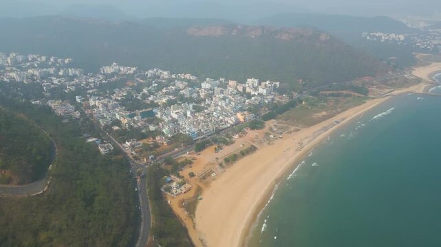 Aerial view of RK Beach, Bheemunipatnam Beach, Natural rock arch, Tenneti Park, MV MAA Ship, Visakhapatnam, India.