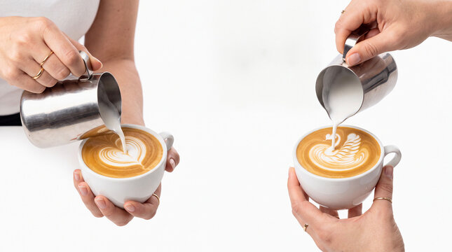 Close up of barista hands creating heart and swan latte art patterns on cappuccino cups set, isolated on pure white background, premium coffee shop craftsmanship photography.