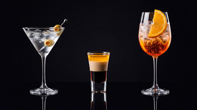 Popular alcoholic cocktails set with martini cocktail, layered B-52 shot, and orange Italian spritz on dark black background with reflections, premium luxury nightlife commercial beverage photography.