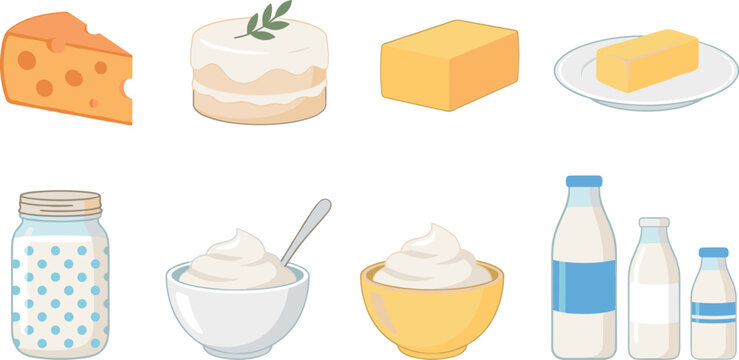 Dairy products and healthy breakfast food vector icon set featuring flat cartoon cheese butter cake cream milk bottle illustrations