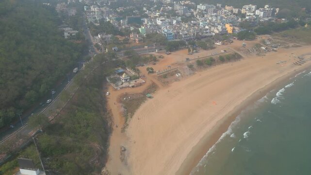 Aerial view of RK Beach, Bheemunipatnam Beach, Natural rock arch, Tenneti Park, MV MAA Ship, Visakhapatnam, India.
