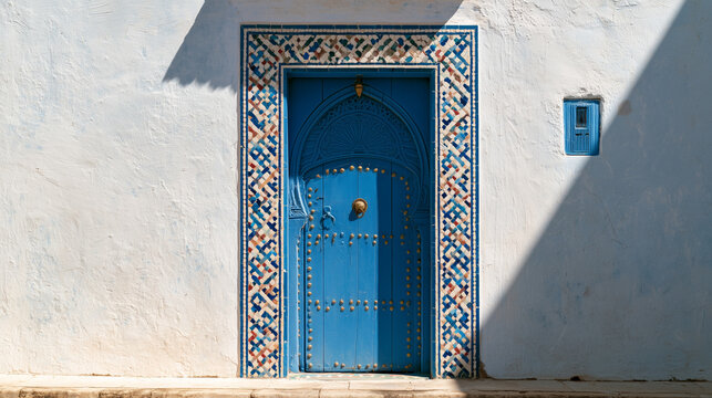 Traditional Moroccan blue carved wooden door with intricate brass details, colorful zellige tile frame, white plaster wall, authentic Medina architecture