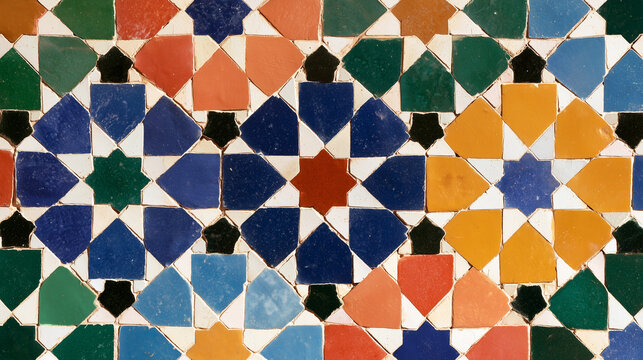 Close-up of vibrant Moroccan zellige mosaic wall, handmade geometric ceramic tiles, traditional Islamic ornament, rich colors, craftsmanship, authentic Moroccan decor