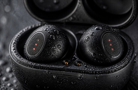 Black waterproof wireless earbuds covered in water droplets resting inside charging case with LED indicator lights on dark textured background stock photo