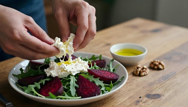 A person enhances a summer salad with goat cheese, featuring fresh curd and peaches for a delicious, healthy lunch option