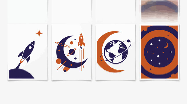 Set of four minimalist space and celestial themed vector illustrations.