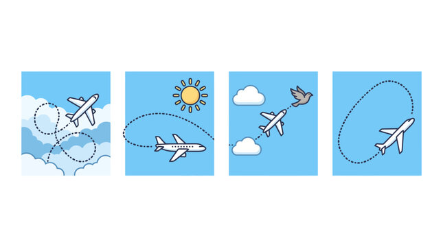 Set of four simple flat style airplane illustrations with flight paths.