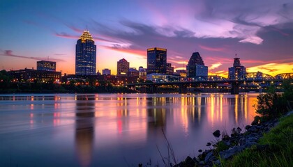 Obraz premium Vibrant Cityscape Reflection at Sunset Over Calm River.