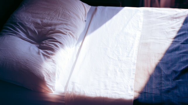 A white pillow with a hollow mark next to an unwrinkled part of the bed.
