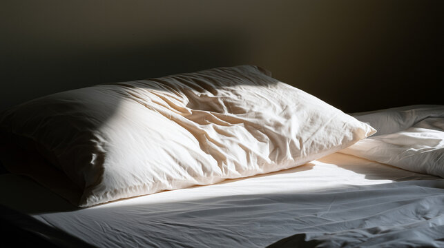 A white pillow with a hollow mark next to an unwrinkled part of the bed.