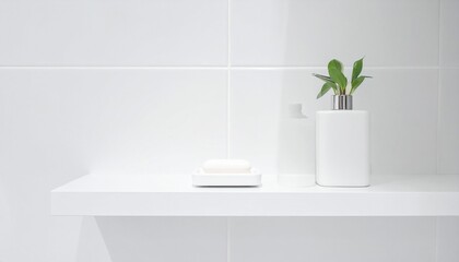 Fototapeta premium Clean White Bathroom Shelf with Soap and Small Green Plant
