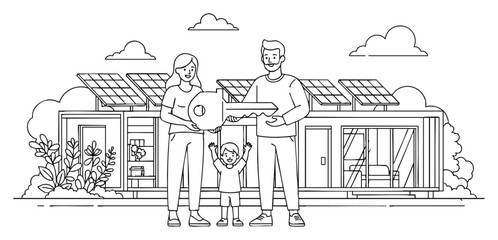 Obraz premium Friendly cartoon farmers standing near solar-powered sustainable farm with wind turbines, concept for eco-friendly agriculture, renewable energy education, green business promotion, and environmental