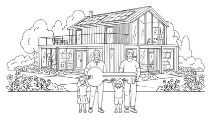 Fototapeta premium Charming vintage hand-drawn farmhouse scene with family and livestock near wooden barn, concept for rural lifestyle, nostalgic illustration, educational materials, and heritage-themed designs
