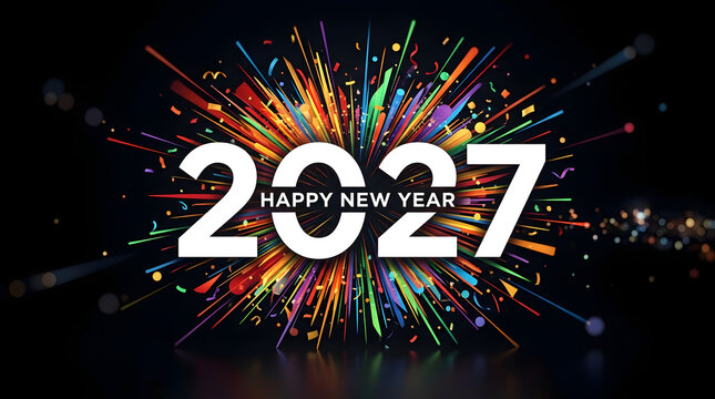 Vibrant fireworks and colorful confetti burst behind bold white 202 Happy New Year text, 2027