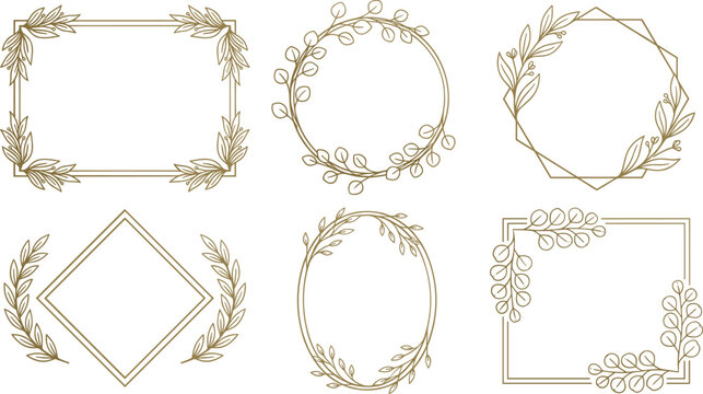Elegant gold geometric floral frame vector set with minimalist botanical wreath borders isolated on white background