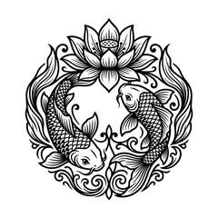 Obraz premium Koi Fish and Lotus Flower Circular Emblem - Black and White Line Art