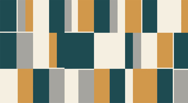 Abstract geometric pattern with vertical rectangles in teal, ochre yellow, grey and beige. Minimalist mosaic composition with varying widths of colored stripes in flat design.