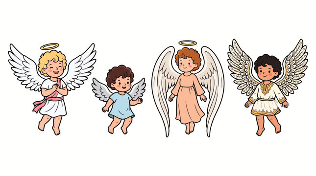 Set of cute little angels with wings and halos.