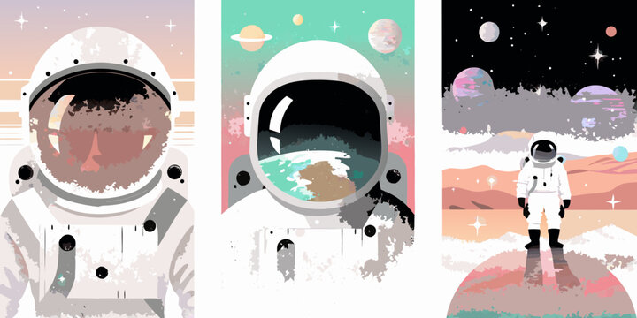 astronauts in space vector illustrations with vibrant textures cosmic planets stars exploration science fiction artwork graphic design fantasy adventure galaxy universe astronomy extraterrestrial