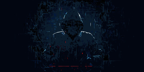 hooded figure typing on keyboard digital painting cybersecurity hacker technology dark silhouette anonymous computer data privacy internet network threat security malware encryption software © Dibyendu