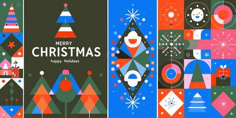 modern geometric christmas posters with abstract shapes triangle star pattern vector illustration holiday design graphic art seasonal greeting card blue green red white © Dibyendu