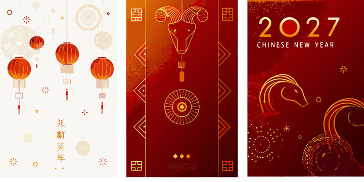 chinese lanterns and zodiac symbols vector illustration red background new year celebration festival tradition culture calendar astrology horoscope sheep horse ornament pattern graphic