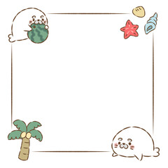 背景透過のもっちり手描きイラスト　夏のフレーム　あざらしと海辺　細い枠正方形 © hiyokomame