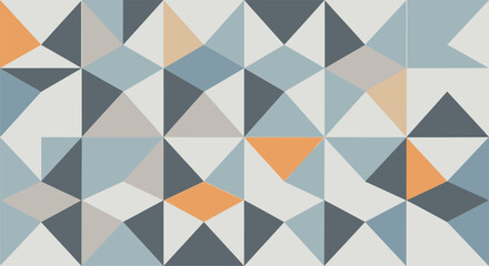 Fototapeta premium Seamless geometric pattern featuring a grid of interlocking triangles in muted blue, gray, cream, and orange tones. Modern minimalist mosaic background for decor and web design projects.