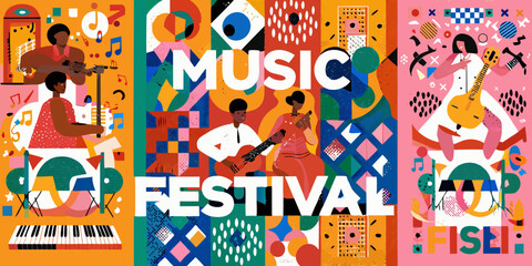 music festival colorful vector illustration musicians instruments guitar piano singer art design patterned background event poster entertainment industry atmosphere musical notes vibrant colors © Dibyendu