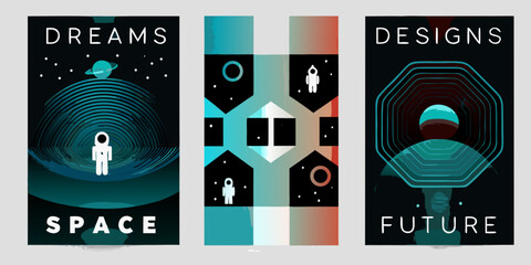 retro futuristic space posters vector illustration astronaut planet dreams designs future cosmic galaxy artwork graphic design science fiction exploration adventure visionary conceptual imagery © Dibyendu