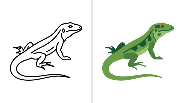 A side by side comparison of a black and white lizard line art drawing and a colored green lizard illustration.