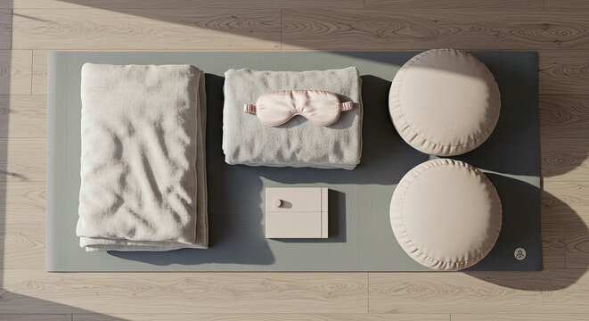 Serene Yoga Setup: Mat, Towels, Eye Mask, Cushions, and Meditation Box in Soft Light