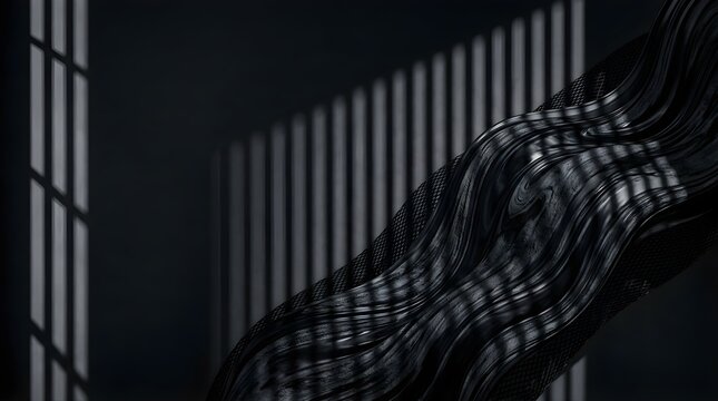 Abstract black liquid wave shape with window blind shadows in dark room
