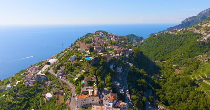 Aerial Drone View of Ravello Cliffside Village on Amalfi Coast, Italy