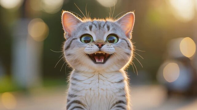 Cute anthropomorphic cat laughing and looking at camera. Happy kitten with big eyes posing in sunlit nature background. Adorable feline portrait for animal video