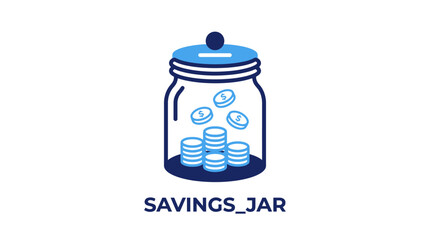 Blue and white savings jar filled with coins representing financial growth. © Nabila