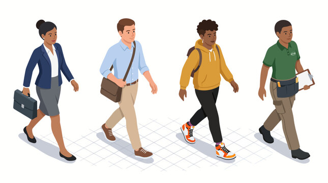 Isometric diverse people walking and commuting in daily life.