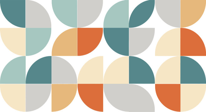 Abstract geometric pattern featuring minimalist semicircles and quadrants in terracotta, teal, cream, and grey. Mid-century modern style tiled arrangement on a white background.