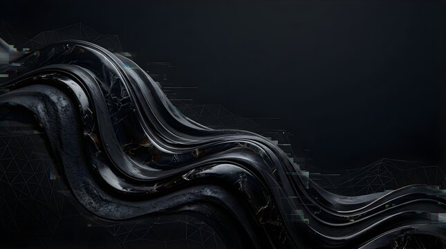Abstract dark flowing waves with digital glitch textures and wireframe
