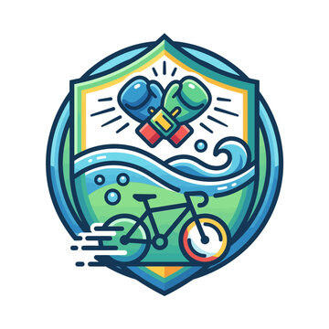 Colorful multisport logo featuring boxing gloves waves and a bicycle