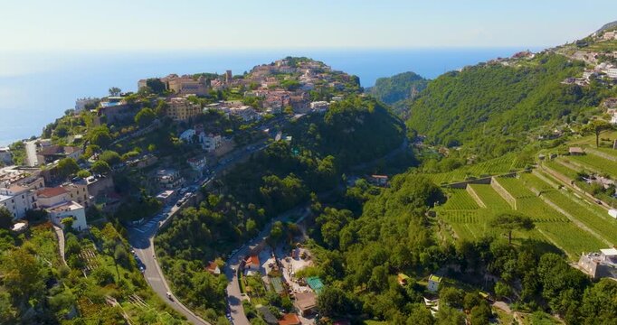 Aerial Drone View of Ravello Hilltop Town on Amalfi Coast, Italy